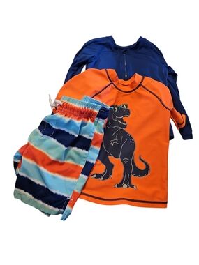 Kids Orange Dino Rash Guard Set with Striped Swim Shorts Size 3t